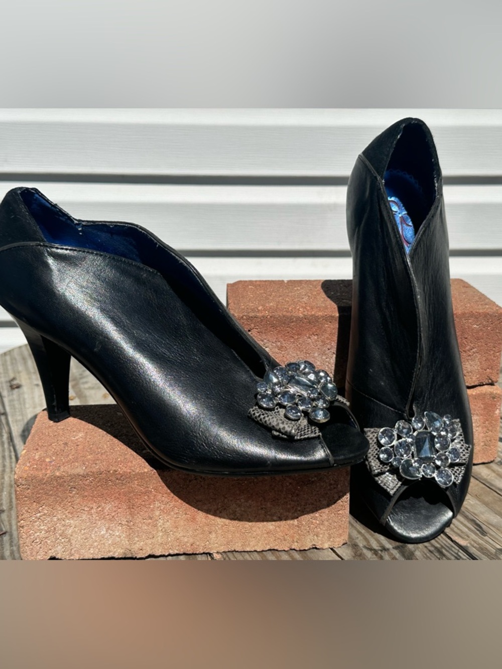 Poetic License Black Leather Peep-Toe Heels with Crystal Brooch Anthropologie